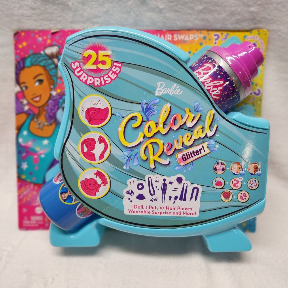 Barbie Color Reveal Glitter Doll, Pet, Hair Swaps, Purple with 25 Surprises